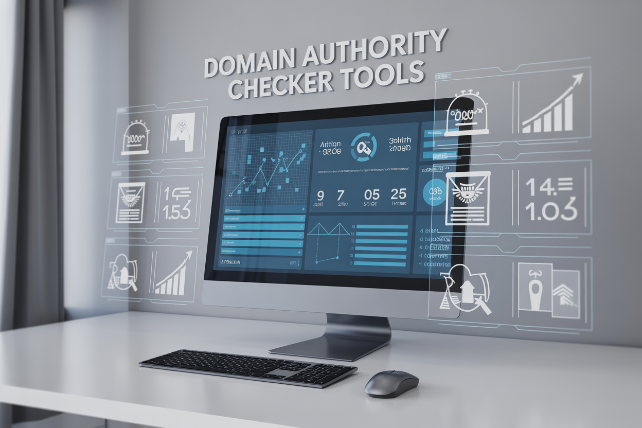 Create a realistic image of a modern computer monitor displaying a digital dashboard with domain authority metrics, charts, and analytics data on the screen, surrounded by floating holographic elements showing website icons, upward trending graphs, and numerical scores, set against a clean white background with subtle blue accent lighting, featuring the text "Domain Authority Checker Tools" prominently displayed at the top of the screen, with a sleek wireless keyboard and mouse positioned in front of the monitor on a minimalist desk setup.