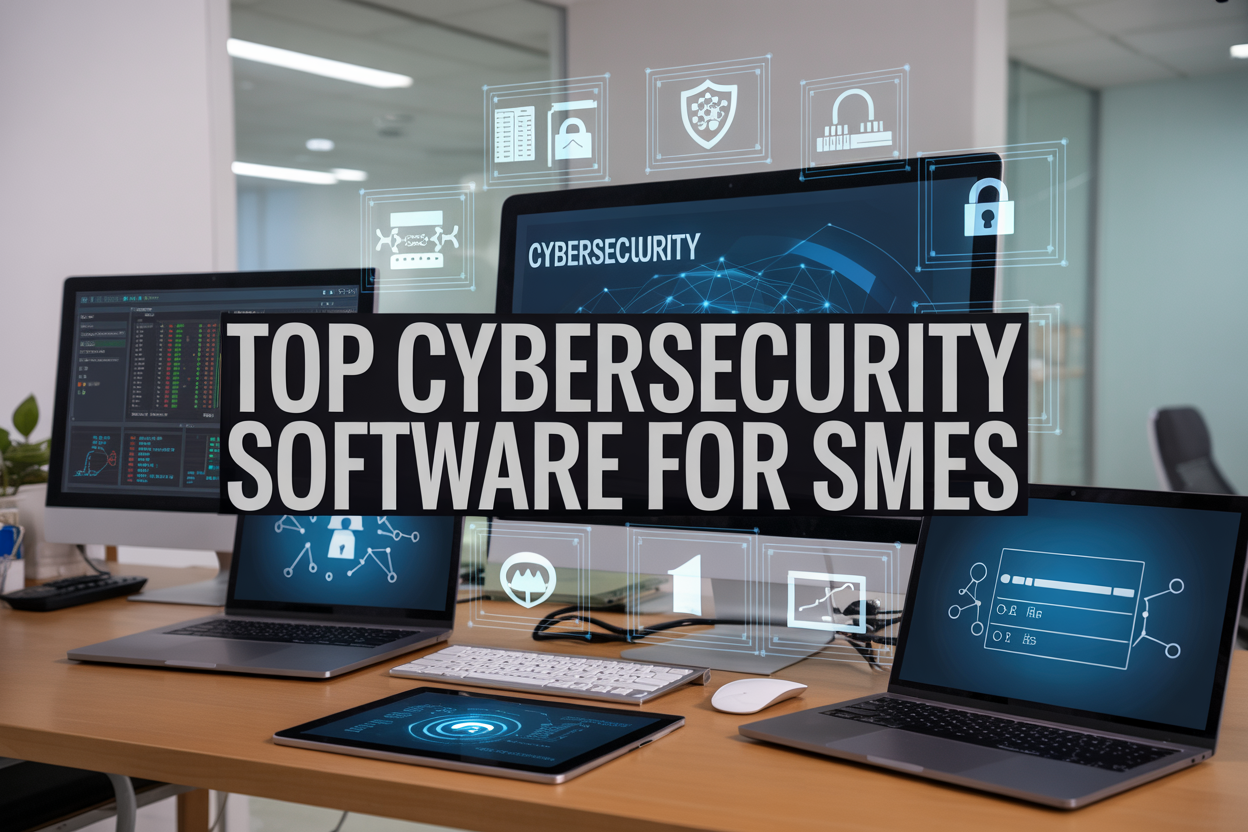 Create a realistic image of a modern office desk with multiple computer monitors displaying cybersecurity dashboards, firewall interfaces, and security analytics, surrounded by laptops and tablets showing password managers and backup software interfaces, with cybersecurity icons like shields, locks, and network diagrams floating digitally above the devices, set against a clean modern office background with soft professional lighting, featuring the text "Top Cybersecurity Software for SMEs" prominently displayed in bold modern font overlay.