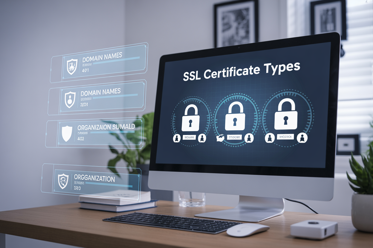 Create a realistic image of a modern computer screen displaying a digital security dashboard with three distinct SSL certificate icons representing different validation types, each with lock symbols and security badges, alongside floating holographic elements showing domain names and organization shields, set against a clean tech workspace background with soft blue lighting, and include the text "SSL Certificate Types" prominently displayed on the screen.