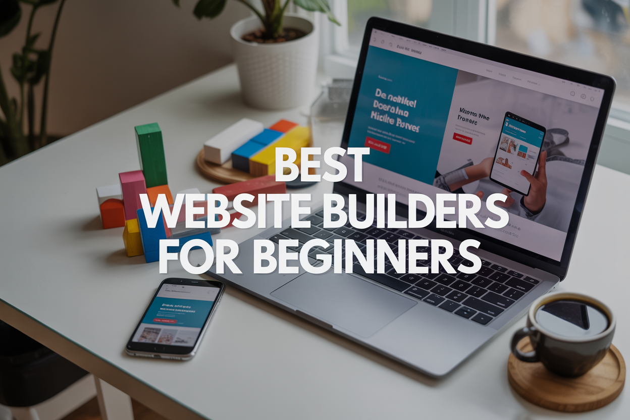 Create a realistic image of a clean, modern workspace with a laptop displaying a drag-and-drop website builder interface on the screen, surrounded by design elements like colorful building blocks, a smartphone showing a mobile website preview, and a coffee cup on a white desk, with soft natural lighting from a window, and overlay text reading "Best Website Builders for Beginners" in bold, modern typography.