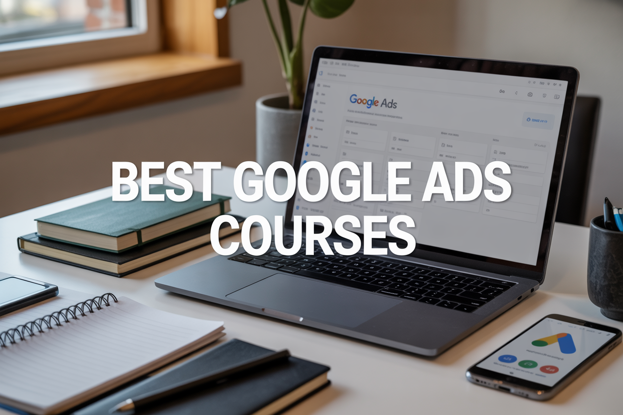 Create a realistic image of a modern laptop displaying Google Ads dashboard interface on the screen, surrounded by educational materials including notebooks, pens, and a smartphone showing Google Ads mobile app, placed on a clean white desk with soft natural lighting from a nearby window, featuring the text "BEST GOOGLE ADS COURSES" prominently displayed as an overlay on the image, with a professional learning environment atmosphere that conveys digital marketing education and online training.