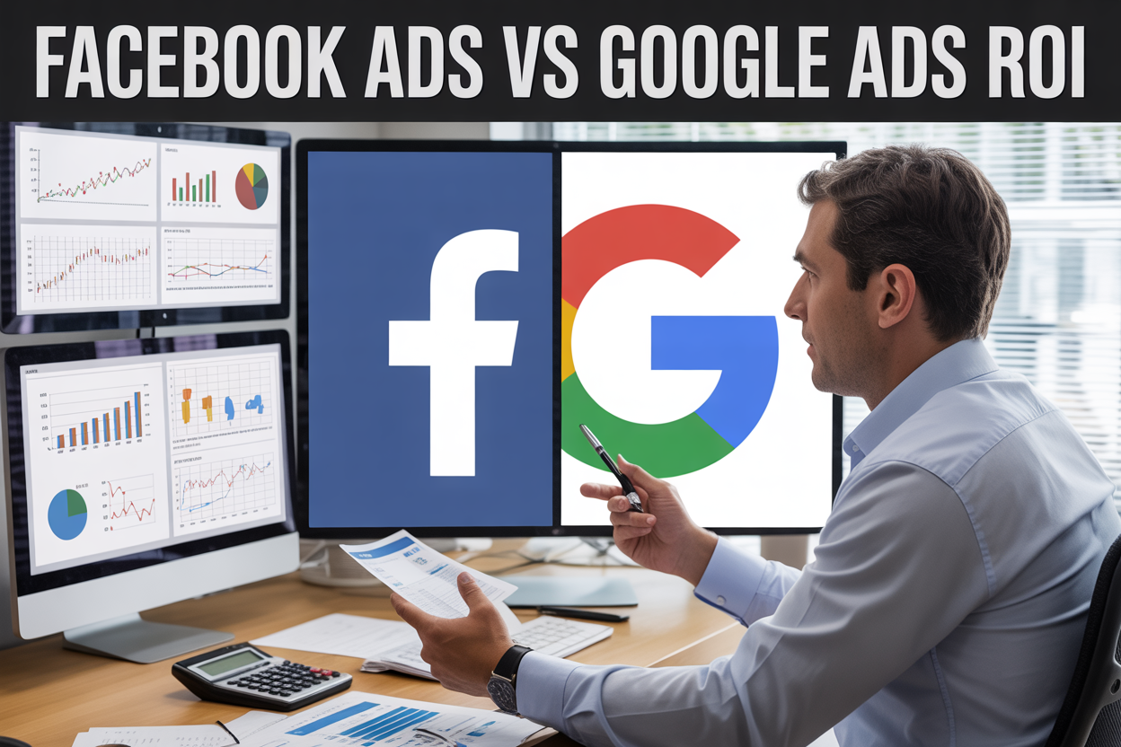 Create a realistic image of a split-screen comparison showing Facebook and Google logos on opposite sides, with a professional white male marketer in a business shirt analyzing ROI data on multiple computer monitors displaying colorful charts, graphs, and performance metrics, set in a modern office environment with clean lighting, including calculator and financial documents on the desk, with the text "Facebook Ads vs Google Ads ROI" prominently displayed at the top of the image.