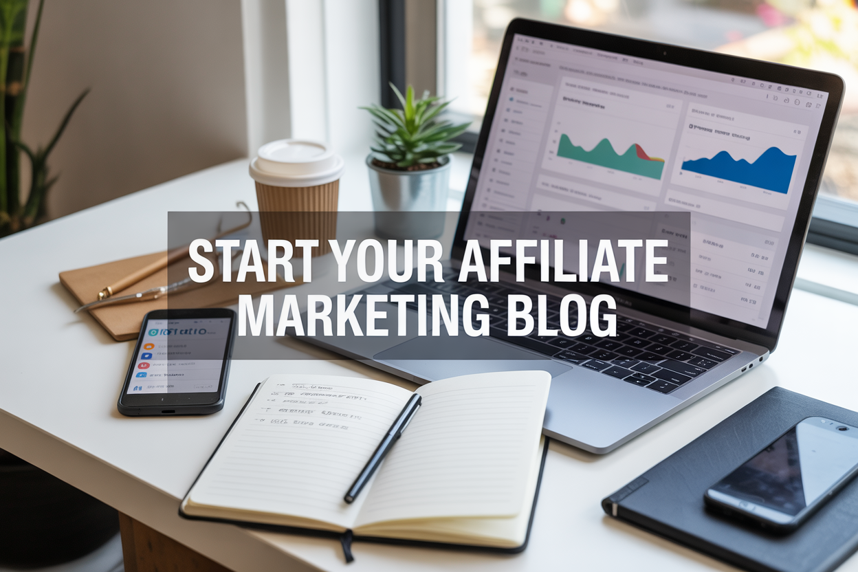 Create a realistic image of a modern workspace with a laptop displaying a blog dashboard with analytics graphs, surrounded by marketing elements like a smartphone showing social media metrics, notebook with affiliate marketing notes, coffee cup, and small potted plant on a clean white desk, with soft natural lighting from a window, and overlay text reading "Start Your Affiliate Marketing Blog" in bold, professional font.