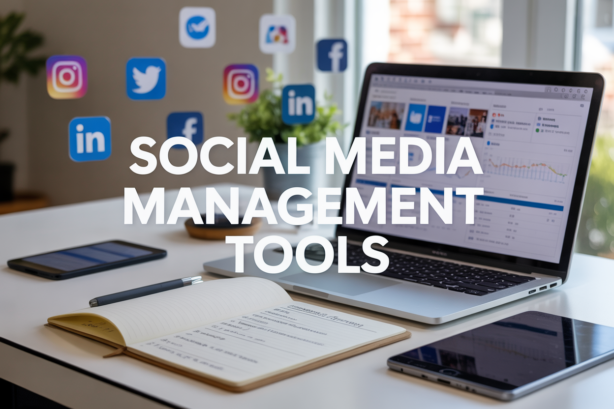 Create a realistic image of a modern workspace setup featuring a laptop computer displaying multiple social media platform interfaces and analytics dashboards on the screen, surrounded by a smartphone, tablet, and notepad with social media strategy notes, all arranged on a clean white desk with soft natural lighting from a window, include floating digital icons representing various social media platforms (Instagram, Facebook, Twitter, LinkedIn) and analytical charts in the background, with the text "Social Media Management Tools" prominently displayed in modern typography overlay.