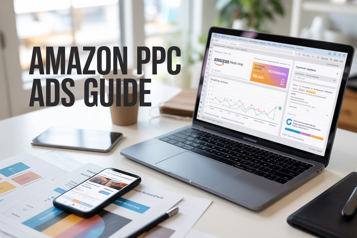 Create a realistic image of a modern workspace with a laptop displaying Amazon's advertising interface on the screen, showing colorful PPC campaign dashboards and performance graphs, with a smartphone nearby displaying Amazon product listings, scattered around are marketing notes and a coffee cup, the scene is set on a clean white desk with soft natural lighting from a window, include the text "Amazon PPC Ads Guide" prominently displayed in the upper portion of the image in bold, professional font.
