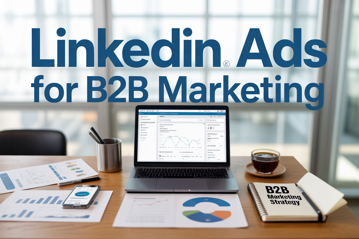 Create a realistic image of a modern office desk scene with a laptop displaying the LinkedIn platform interface with visible ad campaign dashboard, surrounded by marketing analytics charts and graphs on paper, a smartphone showing LinkedIn mobile app, a coffee cup, and a notebook with "B2B Marketing Strategy" written on it, featuring soft natural lighting from a window, with the text "LinkedIn Ads for B2B Marketing" prominently displayed in modern blue typography overlaying the top portion of the image, maintaining a clean professional business atmosphere with a blurred office background.