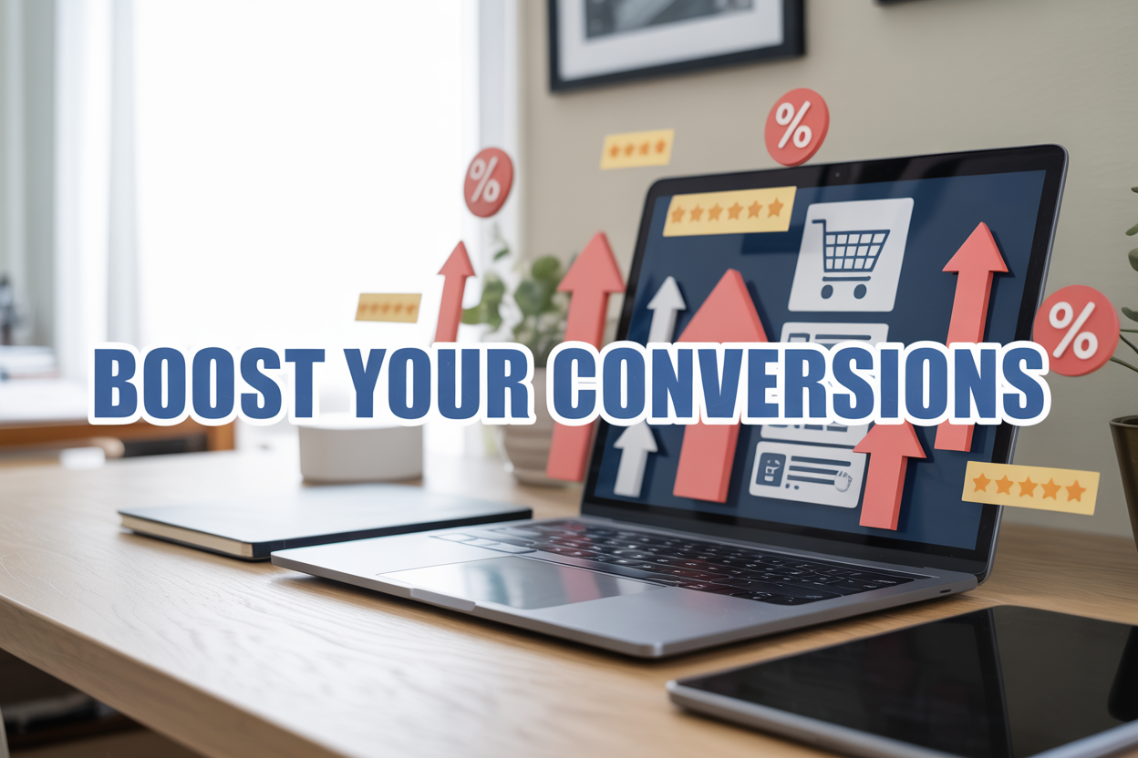 Create a realistic image of a modern e-commerce workspace featuring a sleek laptop displaying a shopping cart interface with checkout elements, surrounded by upward trending arrow graphics, customer review stars, and percentage discount symbols floating around the screen, with a clean white desk surface, soft natural lighting from the left, and the text "BOOST YOUR CONVERSIONS" prominently displayed in bold blue letters across the top of the image, creating a professional and optimistic mood that conveys digital marketing success.