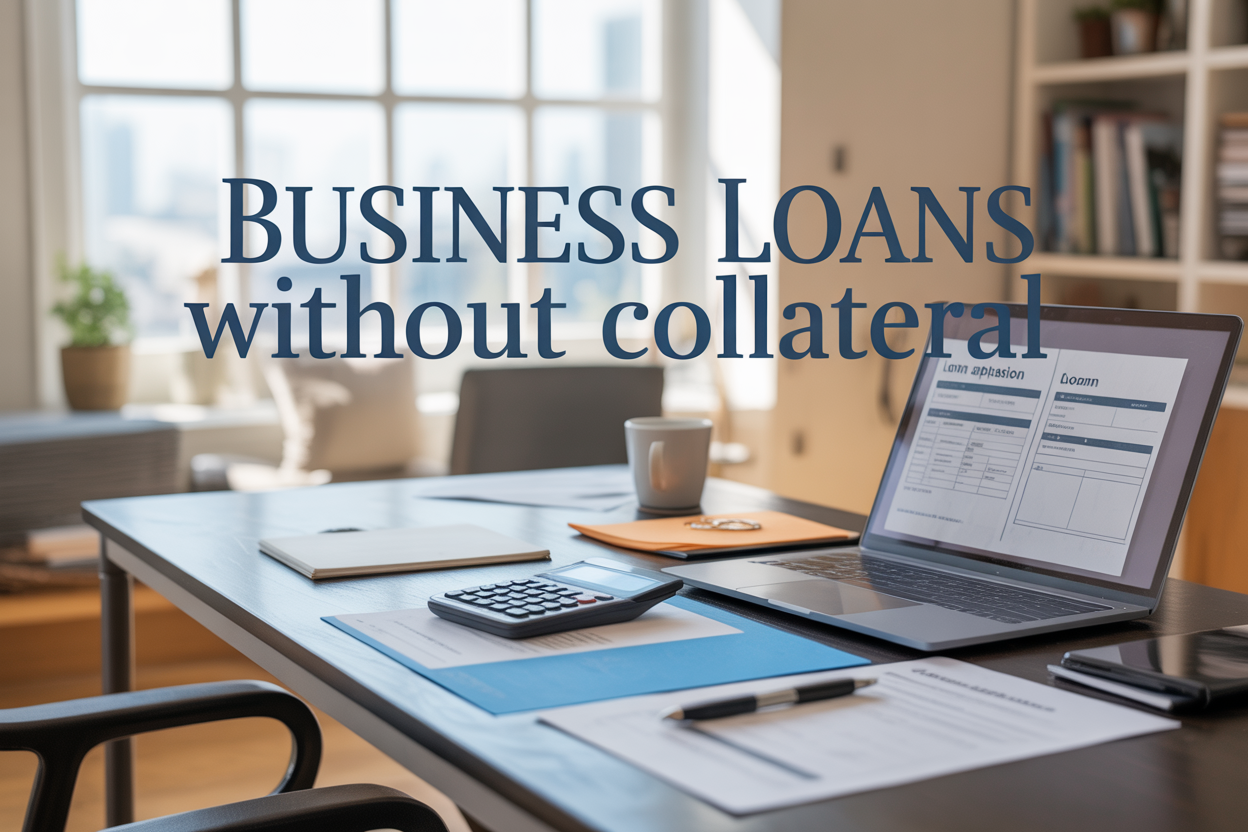 Create a realistic image of a professional business setting with a clean modern desk featuring financial documents, a laptop displaying loan application forms, and a calculator, with soft natural lighting from a window, complementing elements include a coffee cup and pen, the background shows a blurred office environment with bookshelves, the mood is professional and hopeful, with the text "Business Loans Without Collateral" prominently displayed in elegant blue typography overlaying the scene.