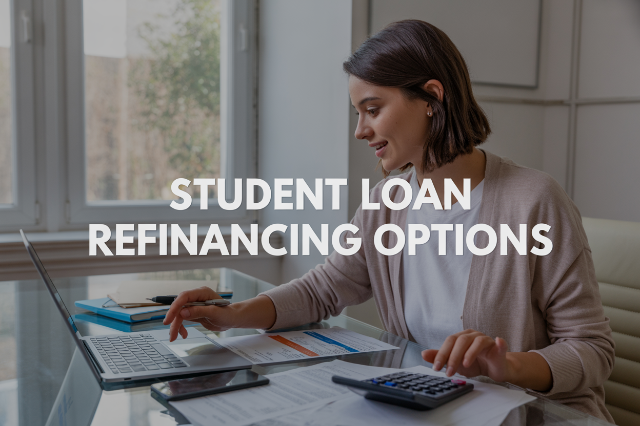 Create a realistic image of a young white female student sitting at a modern desk with a laptop open, surrounded by financial documents and loan papers, with a calculator and pen nearby, in a bright well-lit room with natural lighting from a window, conveying a focused and optimistic mood as she researches loan options, with the text "Student Loan Refinancing Options" prominently displayed in clean modern font overlaying the top portion of the image.