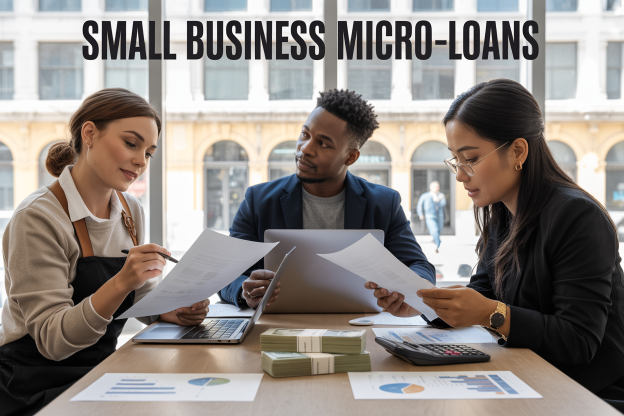 Create a realistic image of a diverse group of small business owners including a white female cafe owner, a black male tech entrepreneur, and an Asian female retail store owner sitting around a modern conference table reviewing loan documents and laptops, with stacks of money, calculator, and business charts visible on the table, set in a bright contemporary office space with large windows showing city buildings in the background, warm professional lighting creating an optimistic entrepreneurial atmosphere, with the text "Small Business Micro-Loans" prominently displayed at the top of the image in bold modern font.