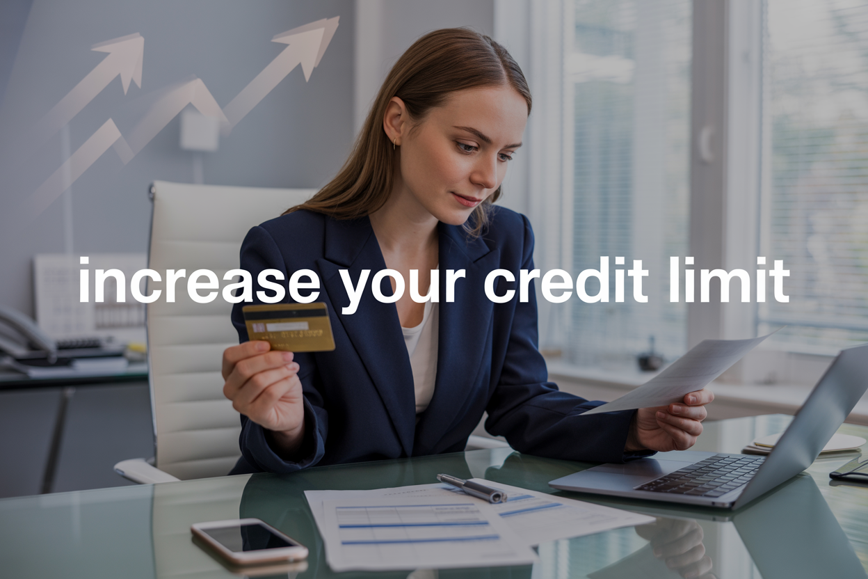 Create a realistic image of a professional white female in her 30s sitting at a modern desk with a laptop, holding a credit card in one hand while looking at financial documents spread on the desk, with a smartphone nearby, soft natural lighting from a window, clean office environment with subtle blue and white tones, upward trending arrow graphics subtly visible in the background, and the text "Increase Your Credit Limit" prominently displayed in modern sans-serif font.