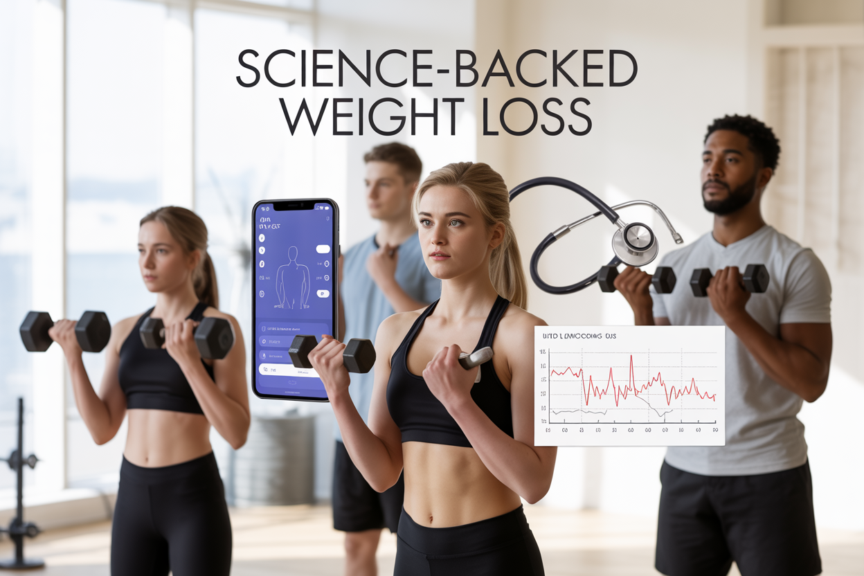 Create a realistic image of a modern, clean composition featuring a diverse group of people - a white female and black male - exercising with dumbbells in a bright, minimalist gym setting, alongside floating holographic elements showing a smartphone displaying a weight loss app interface, a medical stethoscope, and scientific data charts with downward trending weight loss graphs, all arranged against a soft white background with natural lighting, include the text "Science-Backed Weight Loss" prominently displayed in modern, bold typography at the top of the image.