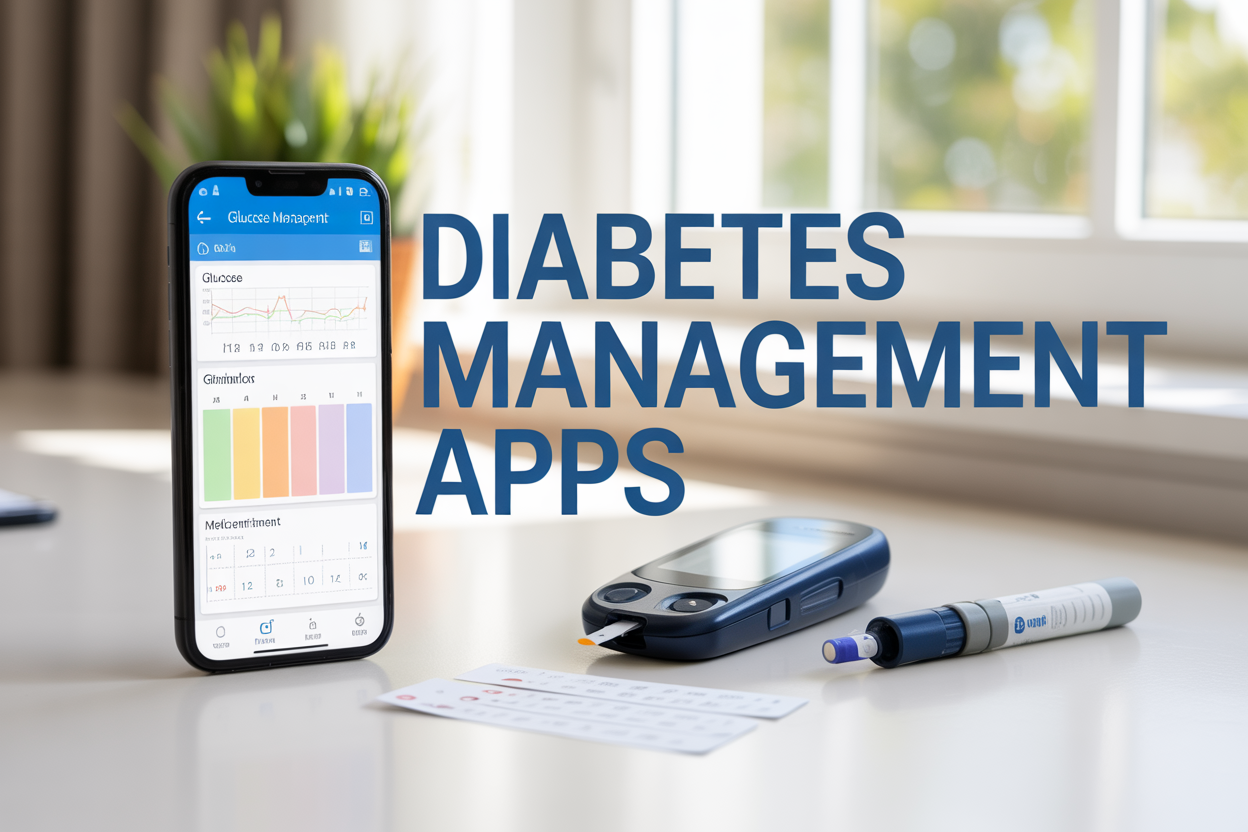 Create a realistic image of a smartphone displaying a colorful diabetes management app interface with glucose level charts and medication reminders, placed on a clean white desk next to a glucose meter, test strips, and insulin pen, with soft natural lighting from a window, featuring the text "Diabetes Management Apps" overlaid in modern blue typography, creating a professional healthcare technology atmosphere.