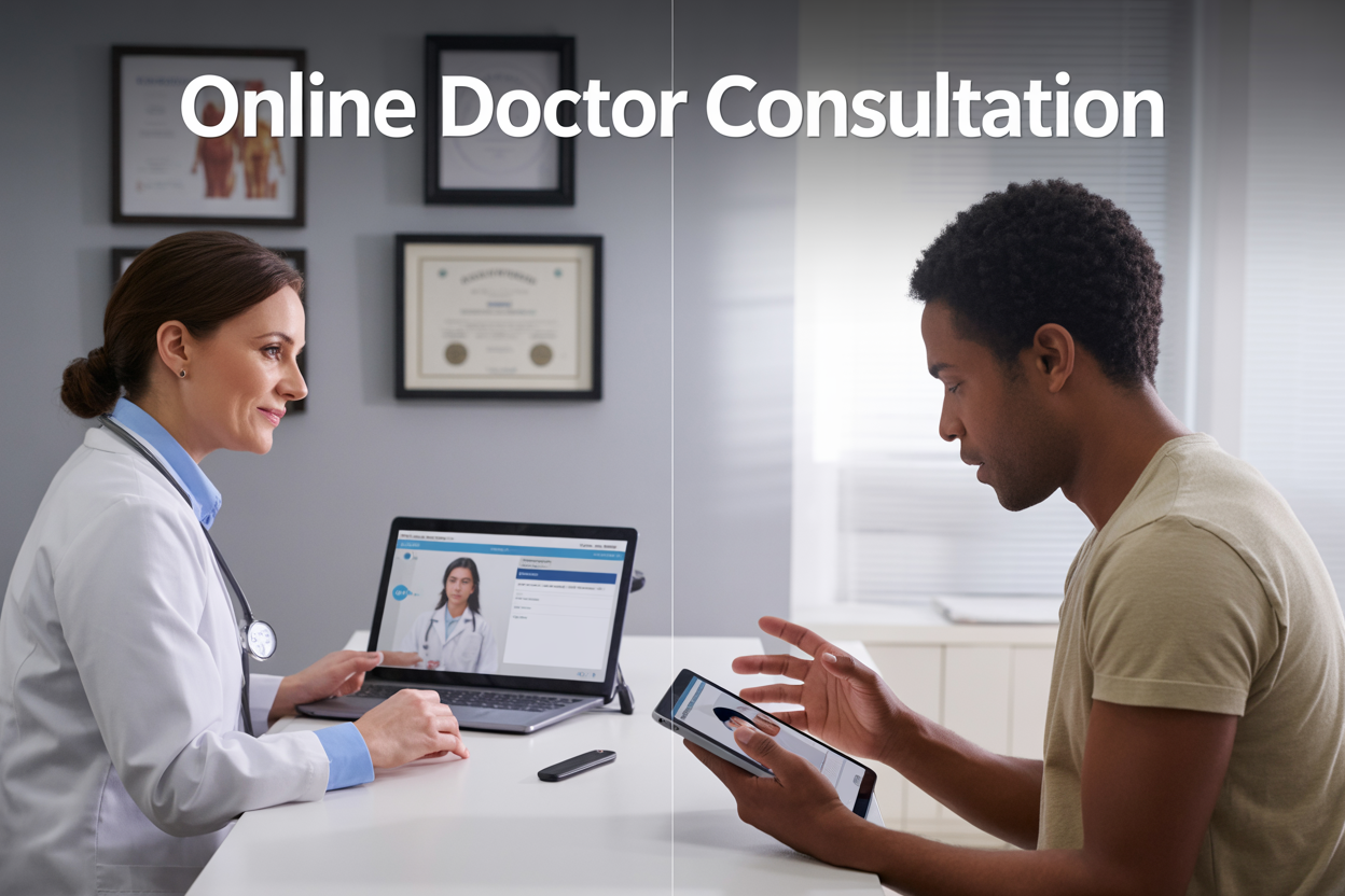 Create a realistic image of a modern, clean healthcare consultation scene showing a split-screen view with a white female doctor in a white coat on the left side sitting at a desk with a laptop displaying a telemedicine interface, and on the right side a black male patient at home using a tablet for video consultation, both appearing engaged in conversation, with soft natural lighting, medical diplomas and certificates visible on the doctor's wall, and the text "Online Doctor Consultation" prominently displayed at the top of the image in modern, professional typography.