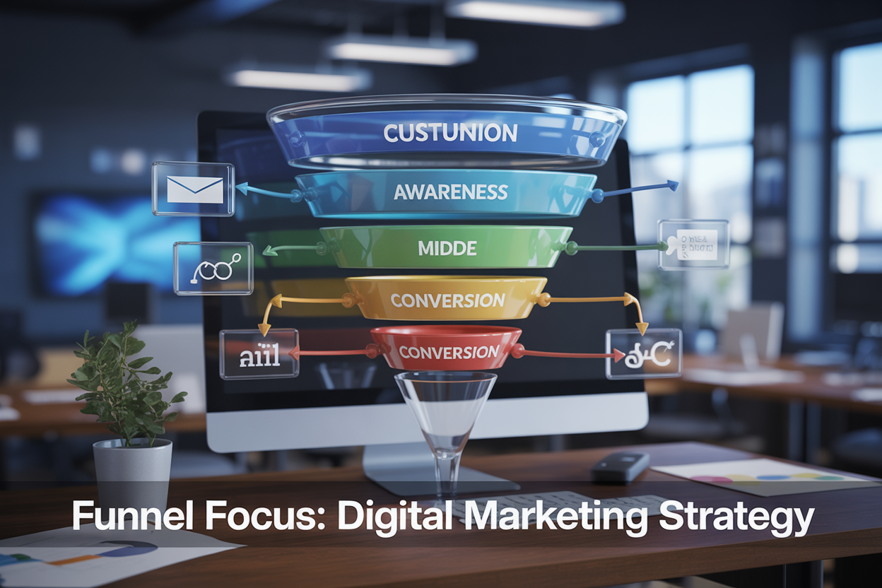 Create a realistic image of a sleek digital marketing funnel visualization with colorful stages (blue at top, green in middle, red at bottom) showing the customer journey from awareness to conversion, with small icons representing content, email, social media, and analytics floating around the funnel, all displayed on a modern computer screen in a professional office setting, with soft blue lighting and the text "Funnel Focus: Digital Marketing Strategy" overlaid at the bottom.