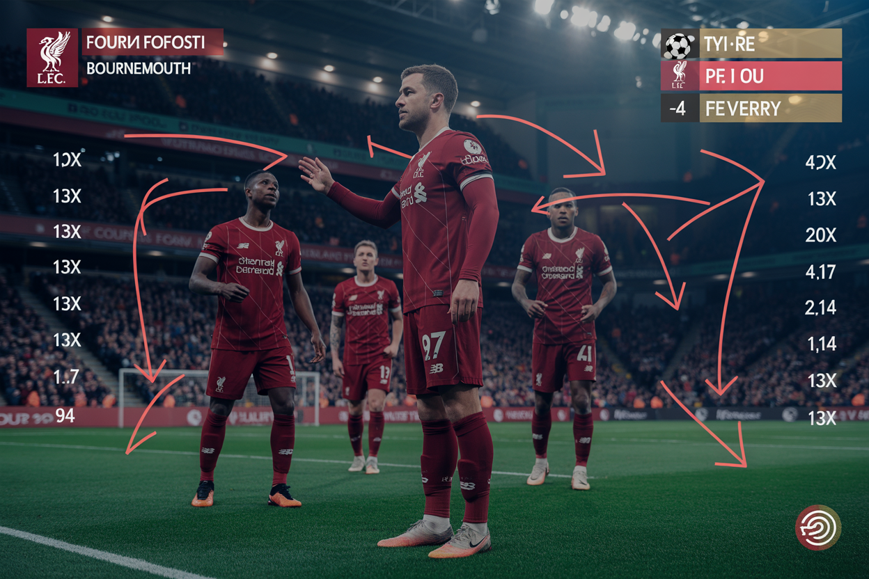 Create a realistic image of a tactical analysis board showing Liverpool's formation change during their comeback against Bournemouth, with diagrams of player movements, red arrows indicating attacking patterns, and statistical overlays highlighting key moments in the 4-2 victory, all set against a dark background with dramatic lighting emphasizing the strategic elements that turned the match around.