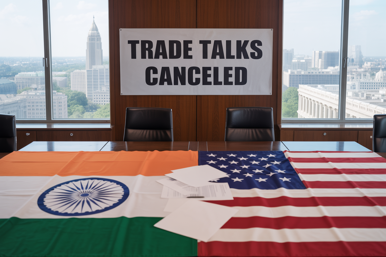 Create a realistic image of a split conference table with Indian and American flags on opposite sides, papers scattered in the middle, with two empty chairs slightly pushed back, and a "Trade Talks Canceled" headline banner in both English and Hindi script, set in a formal meeting room with city skylines of Delhi and Washington DC visible through windows in the background.