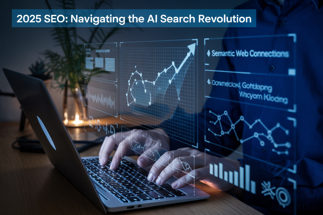 Create a realistic image of a futuristic workspace with a person typing on a holographic keyboard while AI-powered search results and analytics float around them in translucent blue projections, showing graphs trending upward, semantic web connections, and knowledge graphs, with "2025 SEO: Navigating the AI Search Revolution" displayed prominently in a modern font at the top.