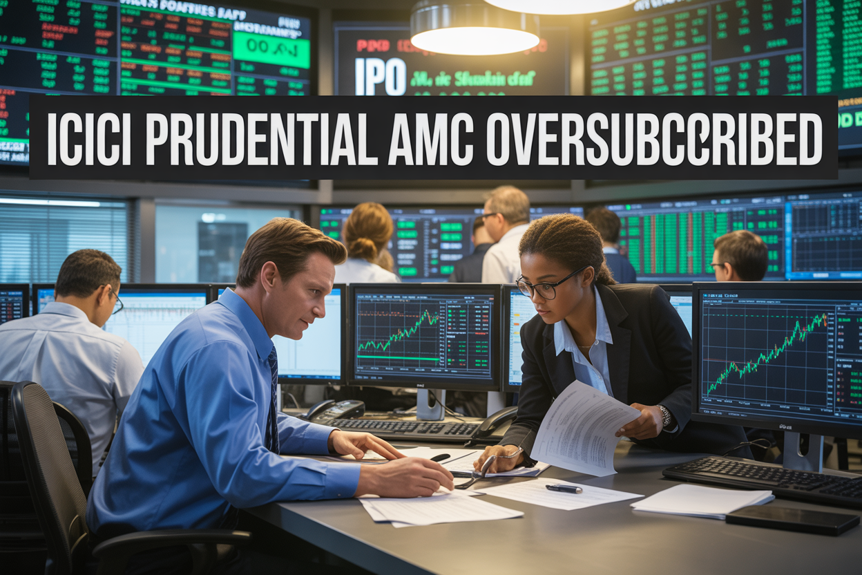Create a realistic image of a modern financial trading floor with multiple computer screens displaying green upward trending charts and IPO subscription data, featuring a diverse group of professionals including a white male trader in a blue shirt and a black female analyst in a business suit reviewing documents, with bright overhead lighting creating a dynamic business atmosphere, golden and green color scheme suggesting success and growth, and bold text overlay reading "ICICI Prudential AMC IPO Oversubscribed" prominently displayed across the top portion of the image.