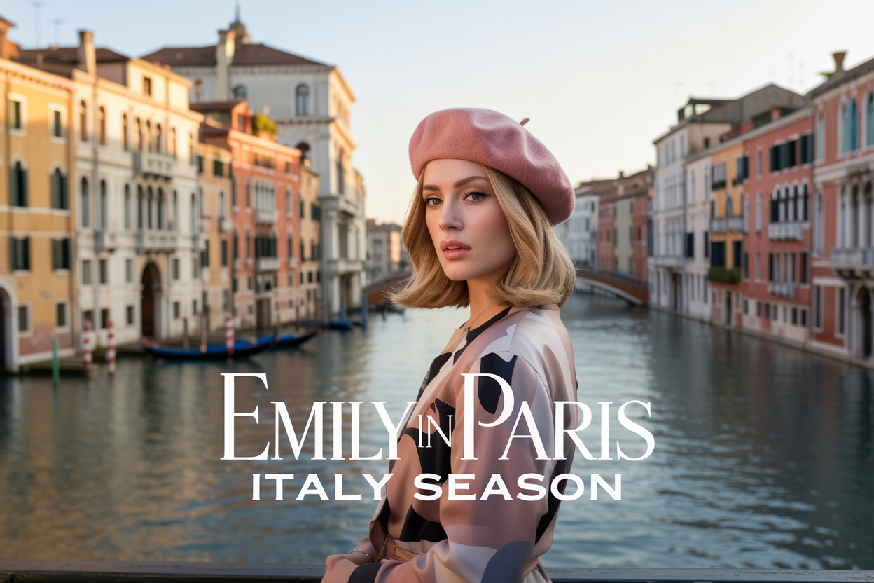 Create a realistic image of a young white female with shoulder-length blonde hair wearing a stylish pink beret and elegant Italian-inspired outfit standing on a picturesque Venice canal bridge with gondolas below, iconic Italian architecture including colorful buildings and bell towers in the background, golden hour lighting creating warm romantic ambiance, with the text "Emily in Paris Italy Season" overlaid in elegant serif font, capturing the essence of luxury travel, fashion, and Italian cultural immersion.