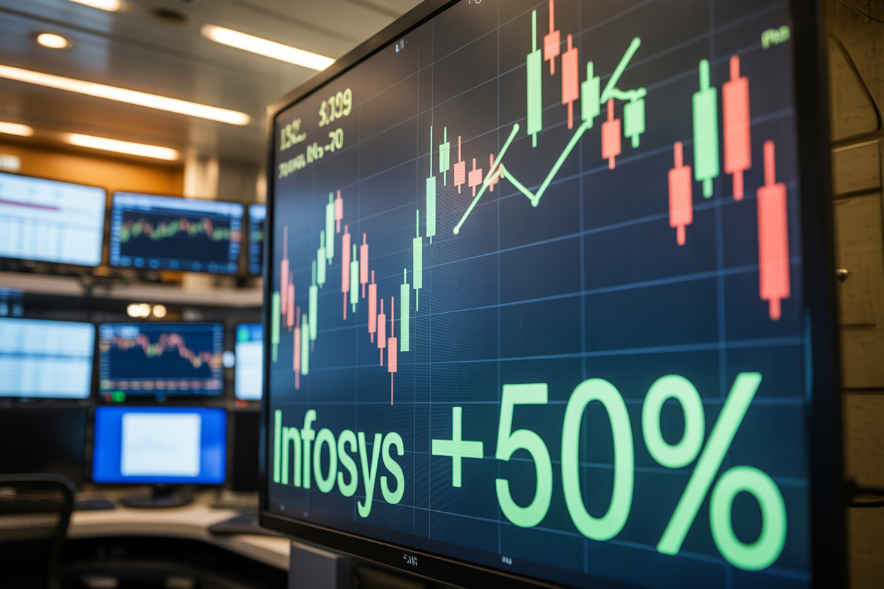 Create a realistic image of a large digital stock chart display showing Infosys stock price with a dramatic upward spike followed by a decline, featuring green and red candlestick patterns against a dark blue background, with "INFOSYS +50%" prominently displayed as glowing text overlay, surrounded by a modern trading floor environment with multiple computer monitors showing financial data, warm ambient lighting from the screens creating a professional financial atmosphere.