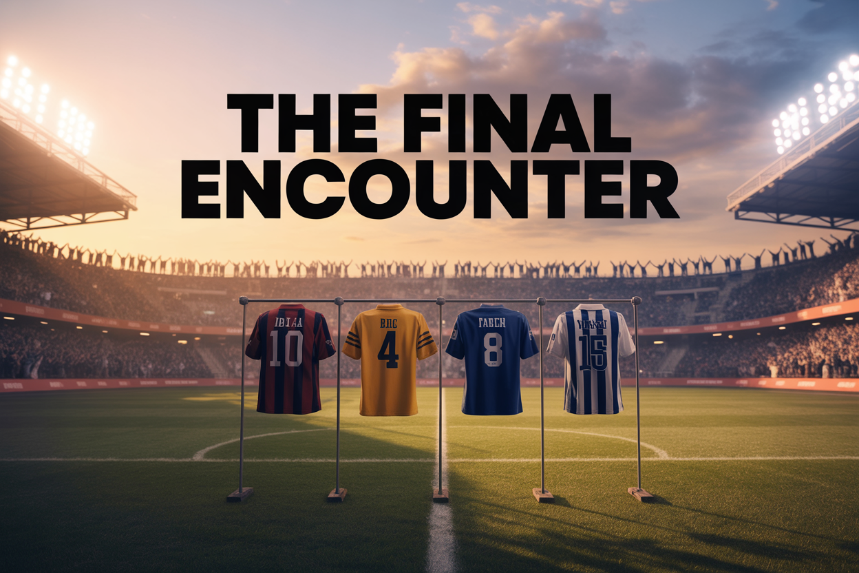 Create a realistic image of a dramatic football stadium scene during twilight with four distinct team jerseys (representing the "Big 4") hanging ceremonially on display poles in the foreground, a packed stadium with silhouettes of cheering fans in the background, golden sunset lighting casting long shadows across the pitch, with large stadium lights beginning to illuminate the scene, and bold text overlay reading "THE FINAL ENCOUNTER" positioned prominently across the upper portion of the image, conveying a sense of historic significance and the end of an era.