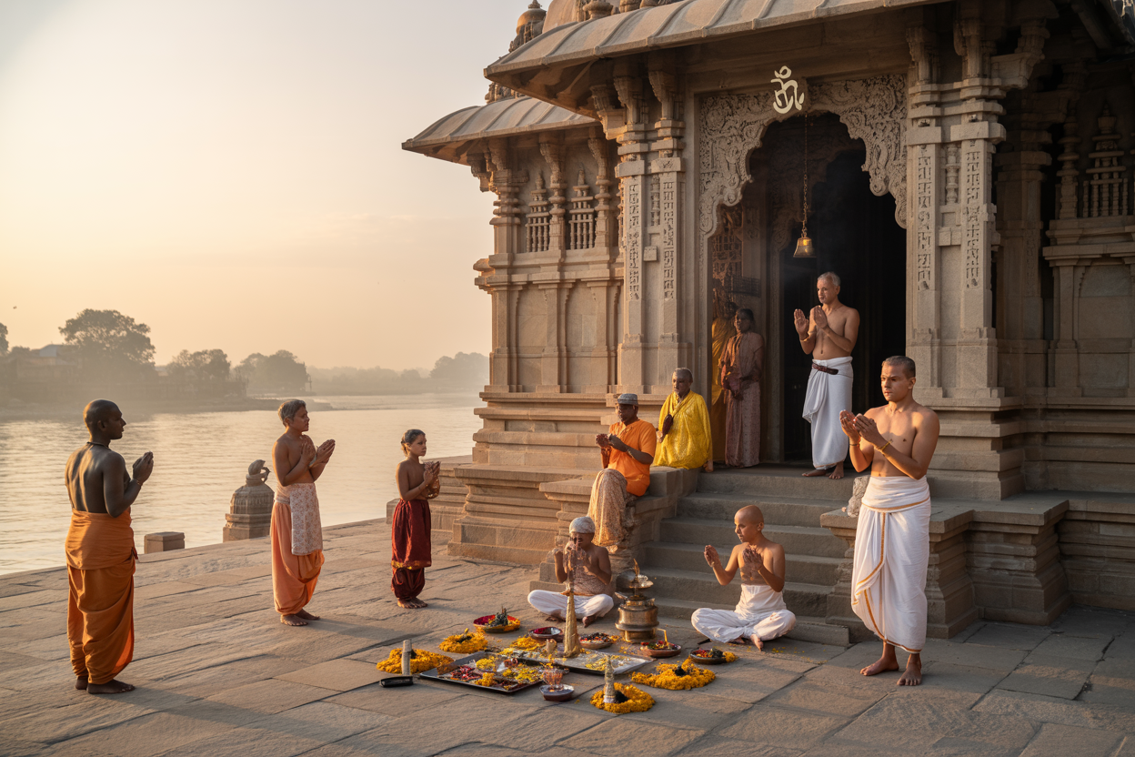 Create a realistic image of an ancient Hindu temple with ornate stone carvings, showing a serene riverside setting at sunrise with golden light illuminating the structure, where multiple devotees of various ages are performing morning rituals, with sacred symbols like the Om visible on the temple entrance, and offerings of flowers and incense creating a mystical atmosphere that captures the essence of Hindu spirituality and tradition.