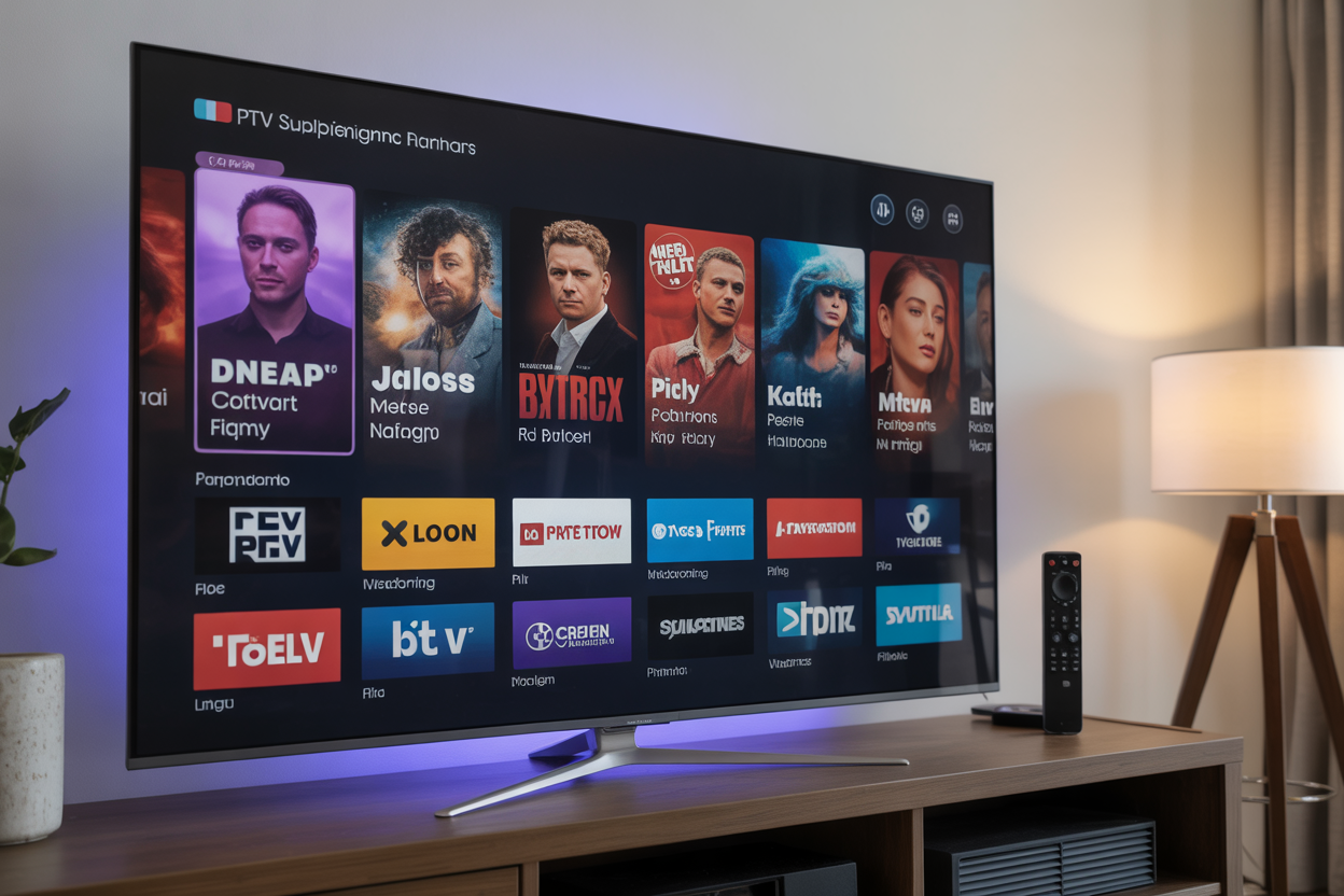 Create a realistic image of a large TV screen displaying multiple streaming channels and premium content, with a sleek remote control nearby, IPTV subscription packages shown on the screen interface, high-quality logos of top streaming services visible, and a modern living room setting in the background with soft ambient lighting highlighting the premium entertainment experience.