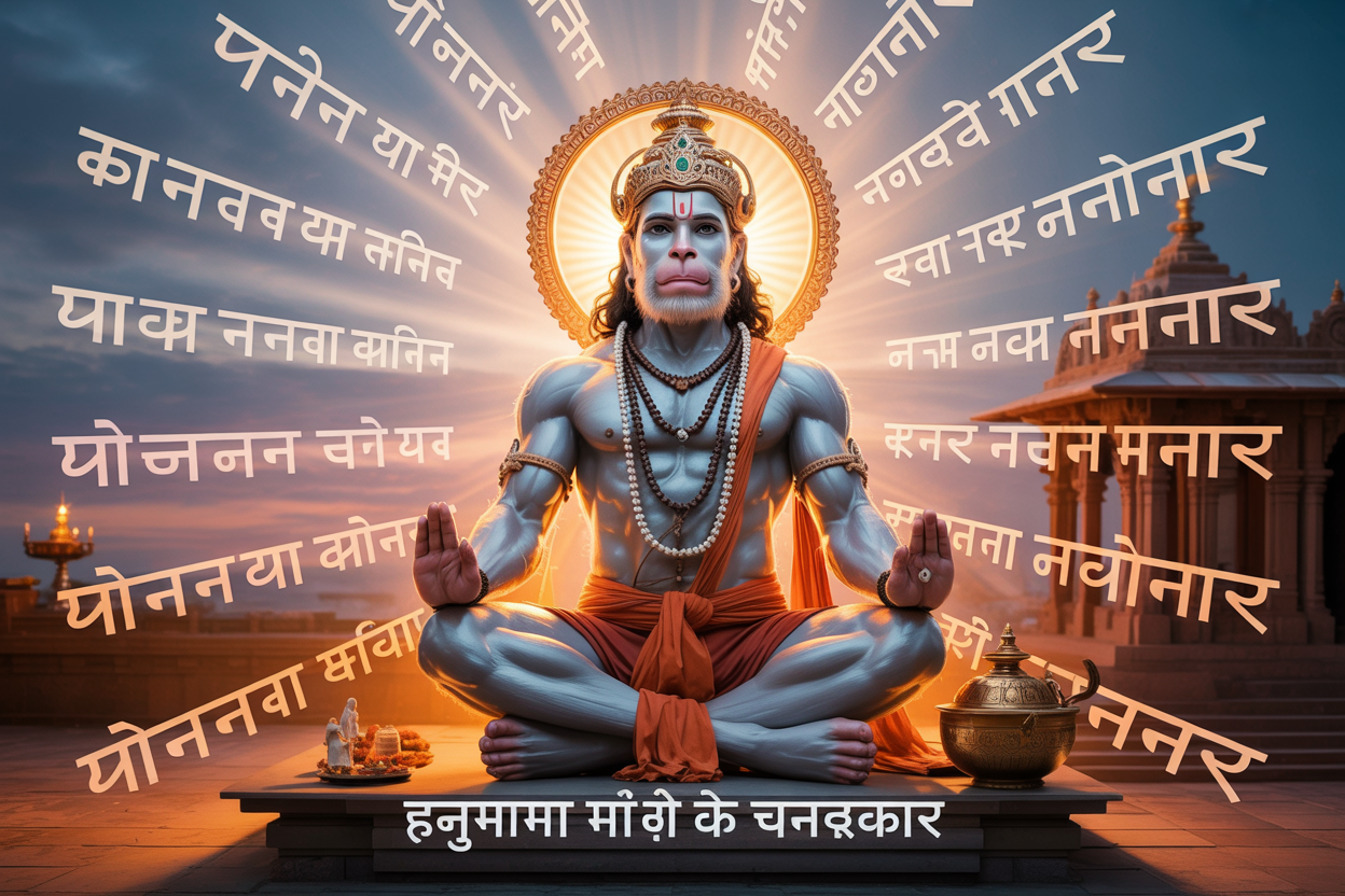 Create a realistic image of Lord Hanuman in a powerful meditation pose, glowing with divine orange aura, surrounded by sacred Sanskrit mantras floating in golden light, with a small temple in the background, rays of sunrise illuminating the scene, depicting spiritual energy and divine protection, with the text "हनुमान मंत्र के चमत्कार" visible at the bottom.