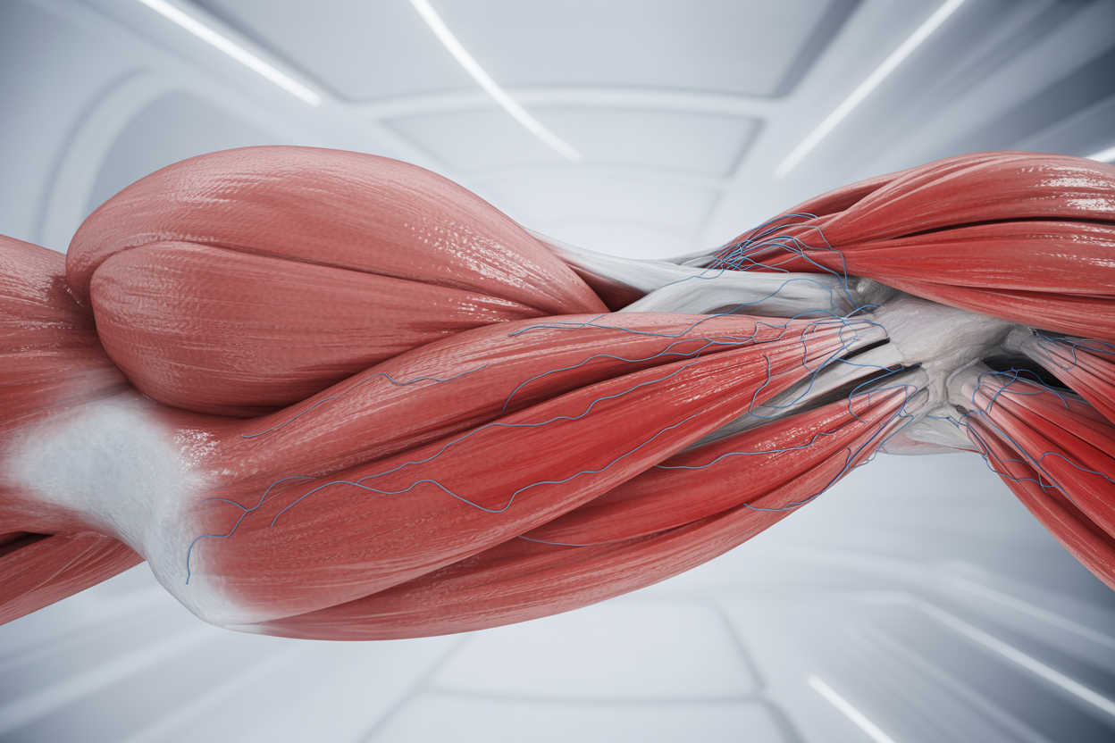 Create a realistic image of a detailed cross-sectional view of human muscle tissue showing individual muscle fibers at a microscopic level, with visible muscle cells, myofibrils, and protein filaments in pink and red tones, set against a clean white laboratory background with soft, even lighting that highlights the intricate biological structure, emphasizing the cellular components involved in muscle growth and hypertrophy process. Absolutely NO text should be in the scene.