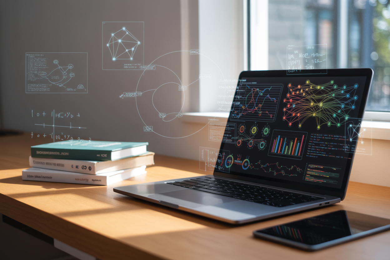 Create a realistic image of a modern digital workspace featuring a clean desk with an open laptop displaying colorful data visualizations, charts and neural network diagrams on the screen, surrounded by floating holographic elements showing interconnected nodes, mathematical formulas, and algorithmic flowcharts, with a stack of programming books nearby, soft natural lighting from a window, professional tech environment background, absolutely NO text should be in the scene.