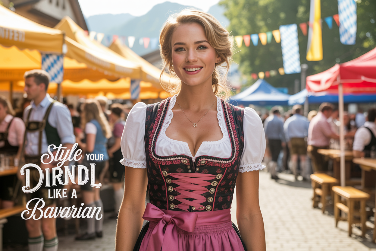 Create a realistic image of a white female model wearing a traditional Bavarian dirndl with intricate bodice details, white blouse, and colorful apron with perfectly tied bow, standing in a festive Oktoberfest setting with beer tents and Bavarian flags in the background, warm golden lighting creating an authentic festival atmosphere, with text overlay reading "Style Your Dirndl Like a Bavarian" in elegant script font.