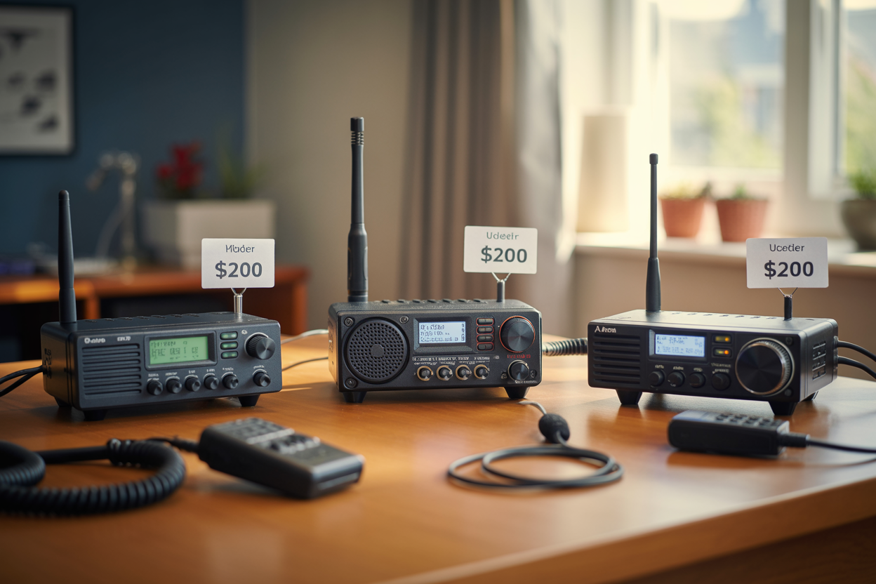 Create a realistic image of three affordable ham radio devices arranged on a clean wooden desk surface, showing different models with various control knobs, digital displays, and antenna connections, with price tags visible showing amounts under $200, surrounded by radio accessories like microphones and cables, in a well-lit indoor setting with soft natural lighting from a window, absolutely NO text should be in the scene.