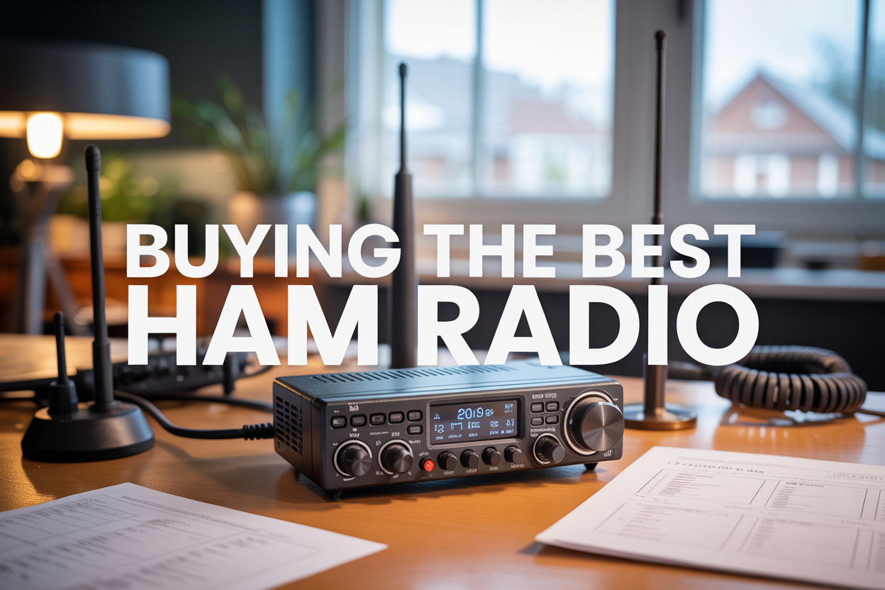 Create a realistic image of a modern ham radio transceiver as the central subject on a clean wooden desk, with multiple antenna types and technical specification sheets visible in the background, soft natural lighting from a window, and the text "BUYING THE BEST HAM RADIO" prominently displayed in bold sans-serif font across the top portion of the image, creating a professional and informative mood suitable for a comprehensive buying guide.