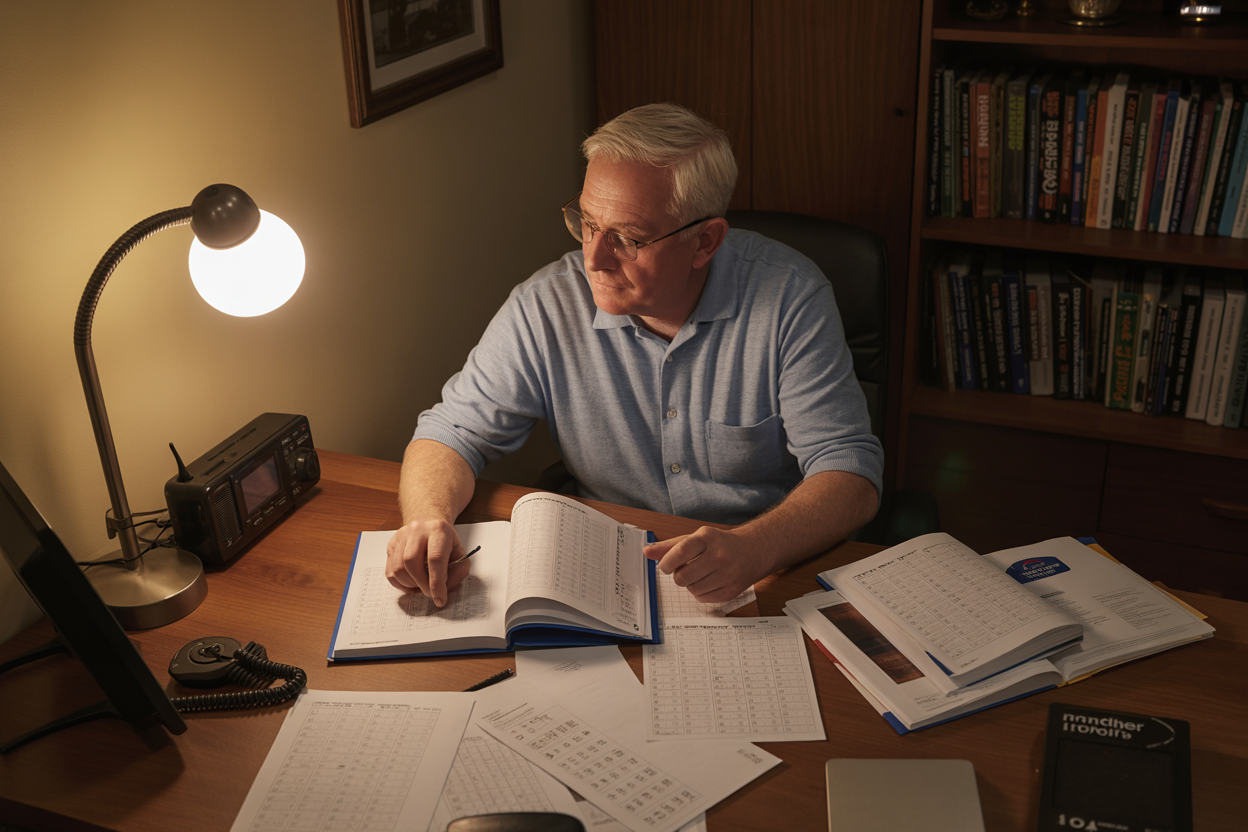 Create a realistic image of a focused middle-aged white male sitting at a wooden desk studying ham radio exam materials, with open textbooks, practice test sheets, and study notes spread across the surface, a handheld radio device visible on the desk, warm ambient lighting from a desk lamp creating a studious atmosphere, bookshelf with technical manuals in the background, absolutely NO text should be in the scene.