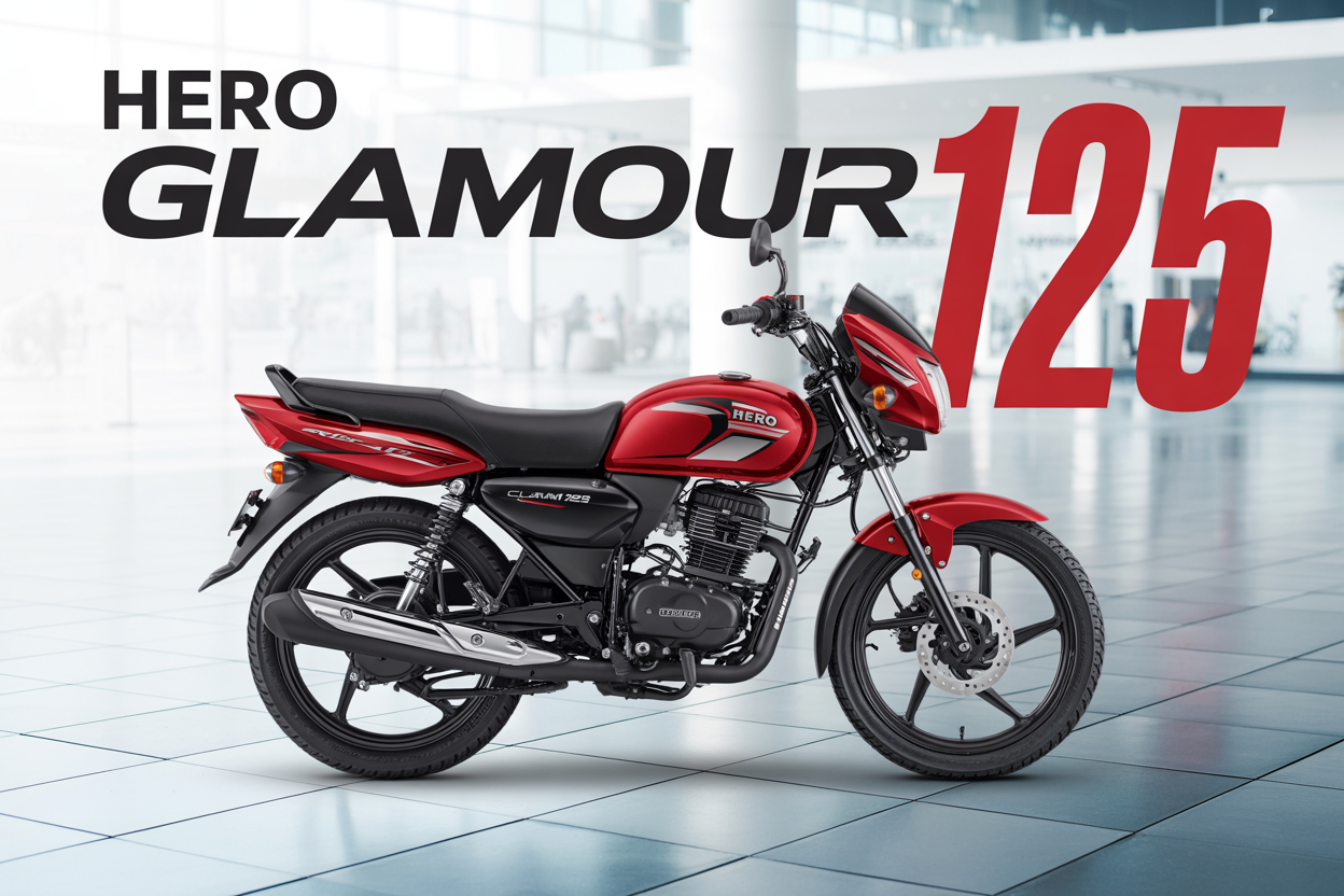 Create a realistic image of a sleek red and black Hero Glamour 125 motorcycle positioned at a three-quarter front angle on a modern showroom floor with polished tiles, featuring chrome accents and alloy wheels prominently displayed, with soft professional lighting highlighting the bike's design details, clean white background with subtle dealership elements, and bold text overlay reading "HERO GLAMOUR 125" in modern sans-serif font positioned in the upper portion of the image.