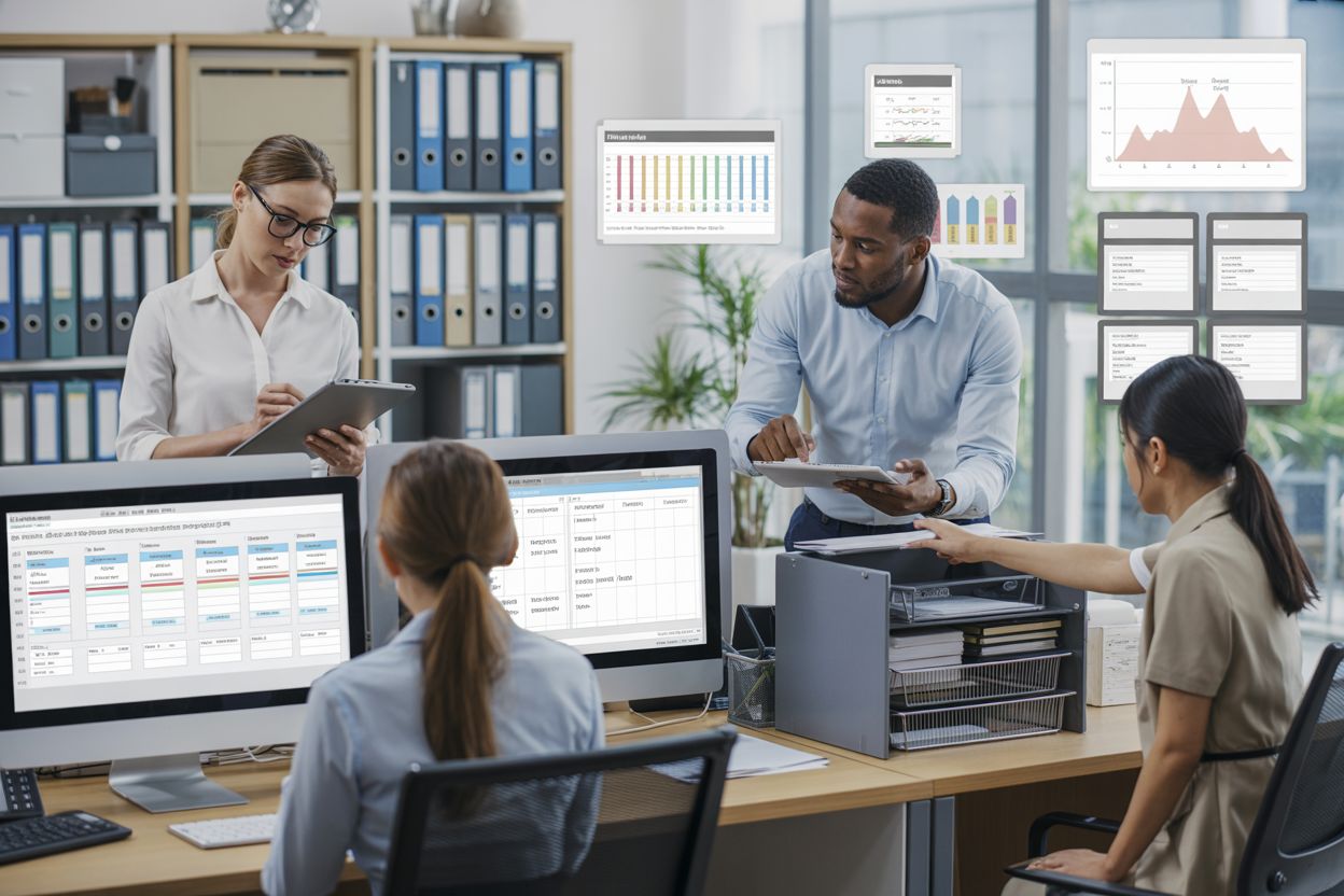 Create a realistic image of a modern office workspace showing multiple computer monitors displaying colorful dashboard interfaces and analytics charts, with a diverse group of professionals including a white female manager reviewing employee schedules on a tablet, a black male supervisor coordinating tasks at a standing desk, and an Asian female HR specialist organizing digital employee files, surrounded by productivity elements like organized filing systems, efficiency graphs on wall displays, and streamlined workflow indicators, set in a bright contemporary office with natural lighting and clean design, conveying a sense of organized productivity and technological advancement, absolutely NO text should be in the scene.