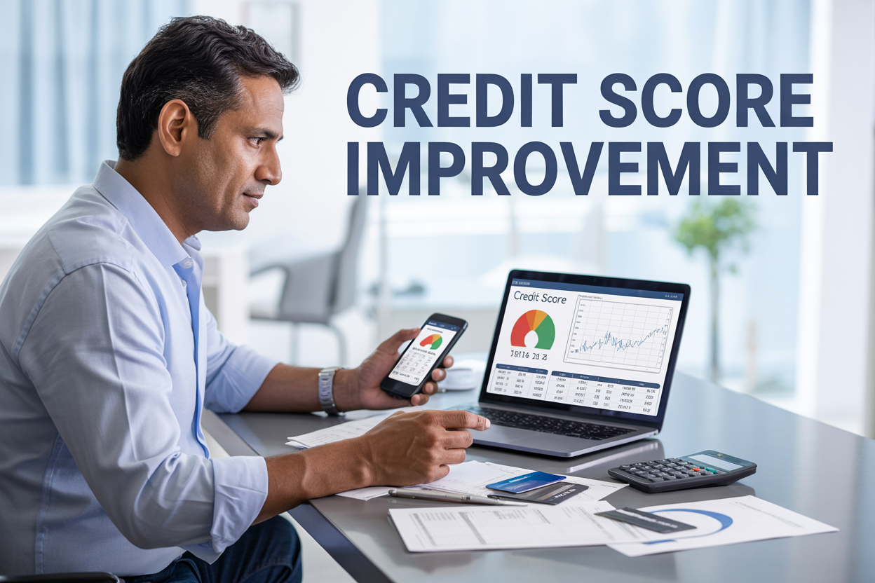Create a realistic image of a middle-aged Indian male sitting at a modern desk with a laptop displaying credit score charts and graphs on the screen, surrounded by financial documents, credit cards, and a calculator, with a smartphone showing a credit monitoring app, against a clean office background with soft natural lighting, including the text "Credit Score Improvement" prominently displayed in the upper portion of the image, conveying a professional and organized financial planning atmosphere.