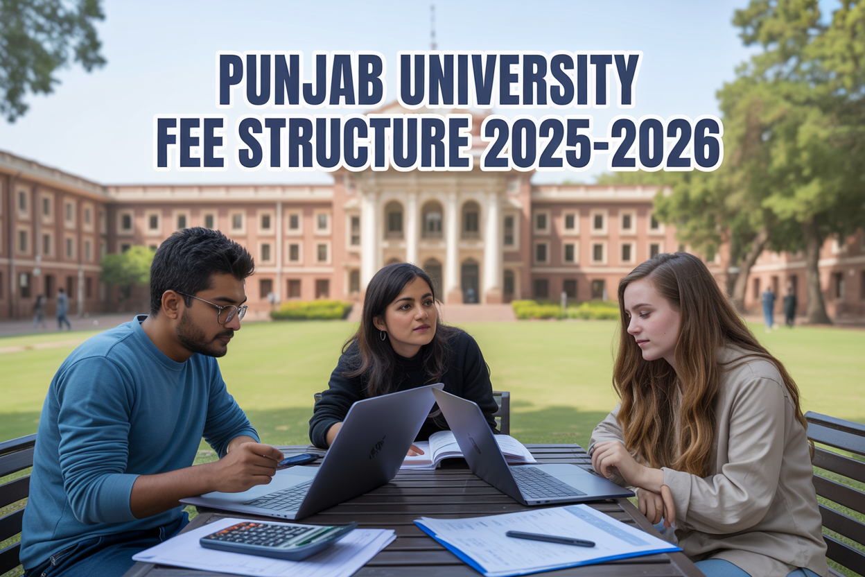 Create a realistic image of Punjab University's main campus building facade with its iconic architecture in the background, featuring a diverse group of three students (one South Asian male, one South Asian female, and one white female) sitting at outdoor benches with laptops and books, studying together under natural daylight, with educational fee-related documents and calculators visible on the table, and prominently display the text "Punjab University Fee Structure 2025-2026" in bold, professional font overlay on the upper portion of the image.