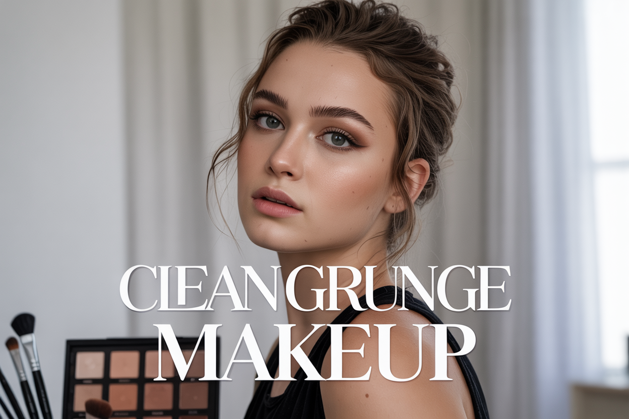 Create a realistic image of a young white female model with clean grunge makeup featuring smoky eyes, nude lips, and slightly messy textured hair, positioned against a minimalist white background with soft natural lighting, with the text "Clean Grunge Makeup" elegantly overlaid in modern typography, showcasing makeup products like eyeshadow palettes and brushes subtly arranged in the foreground.