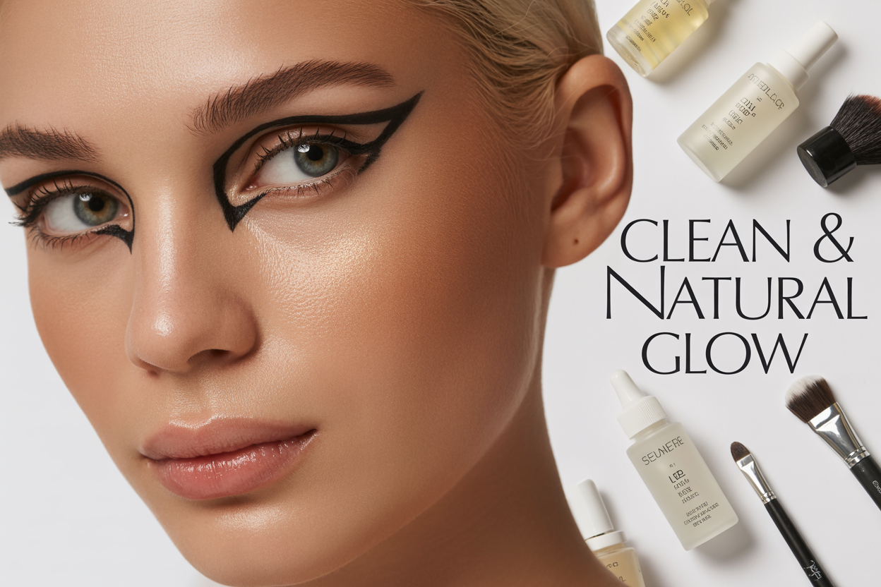 Create a realistic image of a close-up beauty shot featuring a young white female model with flawless satin-finish skin showcasing a natural dewy glow, bold black graphic eyeliner creating geometric wing shapes on both eyes, minimal nude lip color, soft natural lighting highlighting the skin's radiance, clean white background with subtle beauty products like serum bottles and makeup brushes artfully arranged, and elegant text overlay reading "Clean & Natural Glow" in modern minimalist font.