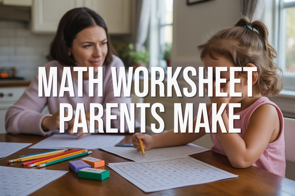 Create a realistic image of a warm, well-lit kitchen table scene showing a white female parent sitting beside a young child working on math worksheets, with scattered colorful math worksheets, pencils, and erasers on the wooden table surface, a frustrated expression on the child's face while the parent looks concerned, soft natural lighting from a nearby window, and bold text overlay reading "Math Worksheet Mistakes Parents Make" in clear, readable font across the top of the image.