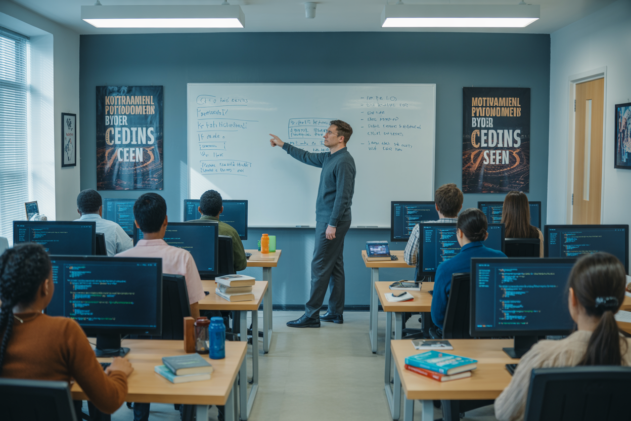 Create a realistic image of a modern classroom or learning center with multiple computer workstations showing Python code on screens, diverse students of different races and genders sitting at desks with laptops, a white male instructor pointing to a whiteboard with Python programming concepts, programming books and materials scattered on desks, bright fluorescent lighting, contemporary educational environment with motivational posters about coding on walls, and a welcoming atmosphere that suggests various skill levels from beginner to advanced classes are offered, absolutely NO text should be in the scene.