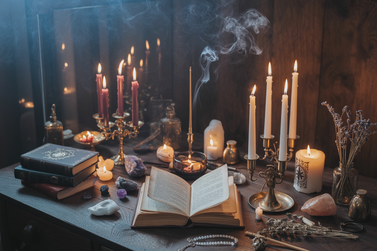 Create a realistic image of a mystical scene with ancient spell books, burning candles, dried herbs, crystals, and tarot cards arranged on a dark wooden table, with soft candlelight creating mysterious shadows, a white female hand reaching toward glowing magical symbols floating in the air, and the text "Love Spell Magic" elegantly written in golden mystical font across the top of the image.