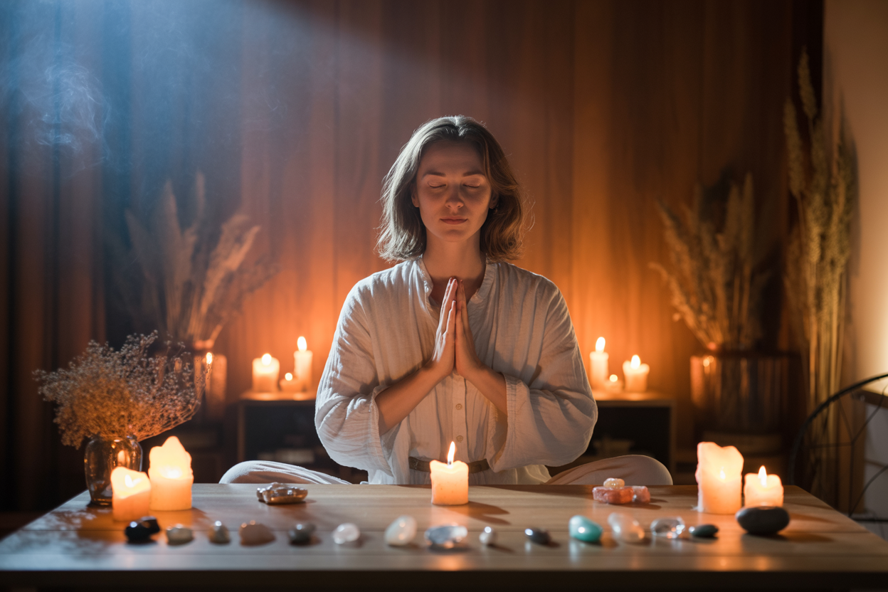 Create a realistic image of a wooden table or altar surface with mystical spell casting materials arranged for preparation, including lit candles in various colors, crystals and gemstones, dried herbs in small bowls, a mortar and pestle, old parchment paper, a quill pen, small glass vials with mysterious liquids, incense sticks with smoke rising, and scattered rose petals, set in a dimly lit room with warm candlelight creating atmospheric shadows on the walls, conveying a mystical and enchanting mood for ritual preparation, absolutely NO text should be in the scene.