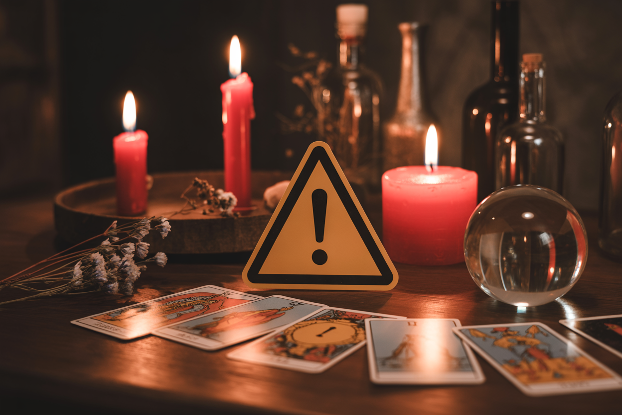 Create a realistic image of a dark, moody scene showing warning symbols and cautionary elements including a triangular warning sign with an exclamation mark, red candles with flickering flames casting eerie shadows, scattered tarot cards face-down on a wooden surface, a crystal ball reflecting ominous light, dried herbs and mysterious bottles in the background, all set in dim candlelit lighting with a sense of danger and uncertainty, absolutely NO text should be in the scene.