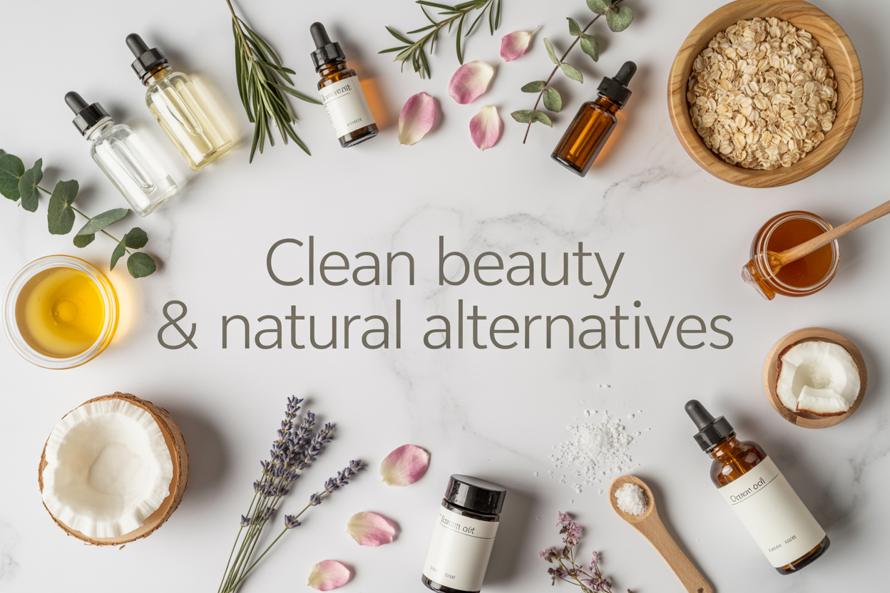 Create a realistic image of a clean, minimalist flat lay arrangement on a white marble surface featuring natural skincare ingredients including fresh botanicals like lavender sprigs, eucalyptus leaves, and rose petals scattered around glass dropper bottles with clear and amber liquids, a wooden bowl containing oatmeal, honey in a small glass jar, coconut oil in an open container, sea salt crystals, and a few clean beauty product containers with minimalist labels, all bathed in soft natural lighting from above, with the text "Clean Beauty & Natural Alternatives" elegantly overlaid in modern sans-serif font in muted green color.