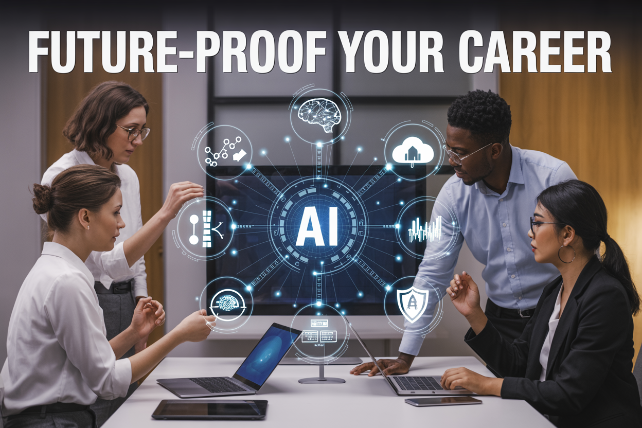 Create a realistic image of a modern office workspace with a diverse group of professionals - a white female, black male, and Asian female - collaborating around a large digital screen displaying futuristic tech icons including AI brain symbols, cloud networks, data charts, cybersecurity shields, and blockchain chains, with laptops and tablets on a sleek desk, warm professional lighting, and the text "Future-Proof Your Career" prominently displayed at the top of the image in bold, modern typography.