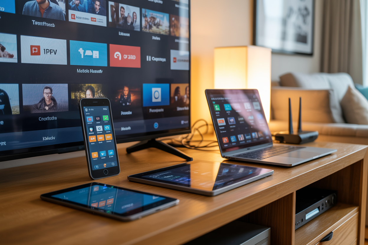 Create a realistic image of multiple electronic devices including a modern smart TV, smartphone, tablet, and laptop computer arranged on a wooden desk or entertainment center, with IPTV streaming interface visible on the TV screen showing channel grid or media library, ethernet cables and wireless router in the background, warm ambient lighting from a nearby lamp, clean modern living room setting with comfortable seating visible in the background, professional setup atmosphere suggesting home entertainment configuration, absolutely NO text should be in the scene.