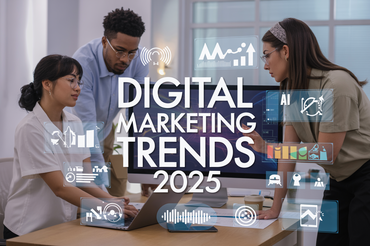 Create a realistic image of a modern digital workspace featuring a diverse group of three professionals (one Asian female, one Black male, one White female) collaborating around a large curved monitor displaying colorful analytics dashboards, AI icons, social media interfaces, and mobile commerce graphics, with floating holographic elements showing trending upward arrows, voice wave patterns, and privacy shield symbols, set in a bright contemporary office with natural lighting and a clean minimalist background, include the text "Digital Marketing Trends 2025" prominently displayed in modern typography overlaying the scene.